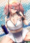  1girl azur_lane bangs blush bottle breasts bremerton_(azur_lane) bremerton_(scorching-hot_training)_(azur_lane) chain-link_fence eyebrows_visible_through_hair fence hair_ornament hairclip highres huge_breasts ibara_azuki large_breasts long_hair looking_at_viewer mole mole_under_eye multicolored_hair navel pink_eyes pink_hair skirt sportswear streaked_hair sweat tennis_uniform twintails water_bottle 