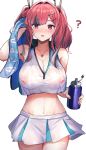  1girl :o ? arm_up armpits azur_lane bangs bare_shoulders blush bottle breasts bremerton_(azur_lane) bremerton_(scorching-hot_training)_(azur_lane) cleavage commentary covered_nipples cowboy_shot crop_top crop_top_overhang eyebrows_visible_through_hair gu_luco hair_ornament hairclip headgear heart heart_necklace highres holding holding_bottle holding_towel jewelry large_breasts long_hair midriff miniskirt multicolored_hair navel necklace open_mouth parted_bangs pleated_skirt red_eyes see-through shirt skirt sleeveless sleeveless_shirt sportswear standing stomach streaked_hair sweat tennis_uniform thighs towel twintails two-tone_skirt water_bottle wet wet_clothes wet_shirt wing_collar wiping_sweat 