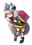  1girl animal_ears animal_ears_helmet arknights backpack bag black_footwear black_jacket black_shorts blush boots brown_eyes brown_hair closed_mouth commentary_request fake_animal_ears fire_helmet fire_jacket firefighter full_body holding_strap jacket knee_pads leaning_forward looking_at_viewer minatoasu randoseru shaw_(arknights) shorts simple_background solo squirrel_ears squirrel_tail standing tail white_background white_headwear 