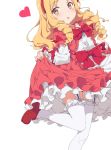  1girl :o absurdres blonde_hair blush bow brown_hair commentary_request dress dress_lift drill_hair eromanga_sensei garter_straps hairband heart highres leg_up lolita_fashion long_hair looking_at_viewer ogipote pink_dress pointy_ears red_bow simple_background skirt skirt_lift solo standing standing_on_one_leg thighhighs twin_drills white_background white_legwear yamada_elf 