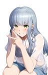  1girl blush fingernails girls_frontline greem_bang green_eyes hk416_(girls_frontline) long_hair looking_at_viewer nail_polish see-through shorts silver_hair smile solo v white_background 