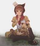  1girl animal animal_ears animal_on_lap bangs blue_eyes boots brown_hair cat cat_ears closed_mouth felyne grass hairband hat monster_hunter monster_hunter_x mopiwo paw_print red_neckwear short_hair sitting sleeping smile white_headwear 