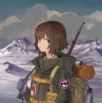  1girl absurdres ahoge backpack bag bedroll brown_eyes brown_hair canteen gloves gun highres jacket looking_at_viewer original outdoors patch rifle rifle_on_back sakurada22 short_hair snow solo weapon 