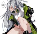  1girl aek-999_(girls_frontline) arms_behind_back bare_legs black_coat black_footwear blush boots bottomless bound bound_arms braid breasts coat cross-laced_footwear deathalice ear_piercing erection eyelashes futanari girls_frontline green_coat headphones headphones_around_neck kneeling lips long_hair medium_breasts one_knee penis piercing ponytail precum restrained shirt side_braid silver_hair simple_background solo t-shirt testicles thighs trembling_penis uncensored white_background white_shirt yellow_eyes 