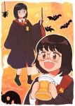  1girl 49s-aragon bat black_footwear black_hair blush border bug collared_shirt freckles full_body ghost glasses gryffindor halloween halloween_costume highres hogwarts_school_uniform holding holding_wand jack-o&#039;-lantern jimiko multiple_views necktie open_mouth original outline school_uniform shirt short_hair smile socks sparkle spider striped striped_neckwear upper_body wand white_outline wide_sleeves 