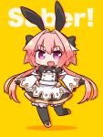  1boy :d animal_ears astolfo_(fate) astolfo_(saber)_(fate) bangs black_bow black_gloves black_legwear black_neckwear black_ribbon black_shirt black_skirt blush bow bowtie bunny_ears buttons chibi commentary_request drop_shadow english_text eyebrows_visible_through_hair fake_animal_ears fang fate/grand_order fate_(series) full_body gloves hair_between_eyes hair_bow hair_intakes highres layered_skirt long_hair long_sleeves looking_at_viewer low_twintails male_focus multicolored_hair naga_u open_mouth otoko_no_ko pink_hair puffy_long_sleeves puffy_sleeves purple_eyes ribbon shadow shirt sidelocks skin_fang skirt smile solo standing standing_on_one_leg streaked_hair twintails white_hair wide_sleeves yellow_background 