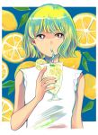  1girl absurdres blonde_hair blue_hair blue_nails border drink drinking_straw eyebrows_visible_through_hair food fruit gradient_nails green_hair highres holding_drink leaf lemon lemon_slice multicolored multicolored_hair multicolored_nails nail_polish original red_eyes richard_(ri39p) shirt short_hair sleeveless sleeveless_shirt solo upper_body white_border white_shirt yellow_nails 