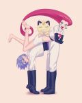  1boy 1girl blue_hair boots earrings fangs feet femdom gi_xxy green_eyes highres jewelry kojirou_(pokemon) long_hair meowth musashi_(pokemon) open_mouth pink_hair pokemon pokemon_(creature) pokemon_(game) pose smile very_long_hair 