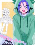  1boy 2ameyasan2 :d animal_hood blue_hair blush cacnea cacnea_(cosplay) cosplay disguise gen_3_pokemon green_eyes hair_between_eyes heart heart_eyes highres hood hoodie kojirou_(pokemon) long_sleeves multiple_views open_mouth pokemon pokemon_(creature) pokemon_(game) sleeves_past_wrists smile standing yellow_background 