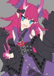  1girl :d absurdres alternate_horns belt black_belt black_bow blue_eyes blush bow detached_sleeves elizabeth_bathory_(fate) elizabeth_bathory_(fate)_(all) eyebrows_visible_through_hair fang fate/extra fate/extra_ccc fate_(series) grey_background hair_bow hair_ornament hair_scrunchie hand_up head_tilt highres horns japanese_clothes kimono long_sleeves looking_at_viewer multicolored_hair multiple_belts open_mouth pink_hair pointy_ears purple_kimono purple_scrunchie scrunchie simple_background smile solo streaked_hair two_side_up upper_body v westxost_(68monkey) wide_sleeves 