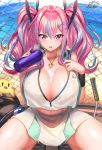  1girl absurdres azur_lane bangs blush bottle breasts bremerton_(azur_lane) bremerton_(scorching-hot_training)_(azur_lane) chain-link_fence cleavage commentary_request eyebrows_visible_through_hair fence hair_ornament hairclip highres huge_breasts large_breasts long_hair looking_at_viewer manjuu_(azur_lane) multicolored_hair nez-kun pink_eyes pink_hair racket skirt sportswear streaked_hair sweat tennis_racket tennis_uniform twintails water_bottle 