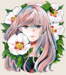  1girl absurdres bangs blue_eyes commentary_request flower highres huge_filesize leaf long_hair looking_at_viewer original pink_hair portrait richard_(ri39p) solo swept_bangs tan_background white_flower 