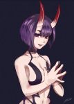  1girl alternate_breast_size bangs bare_shoulders black_background bob_cut breasts cleavage collarbone eyeliner fangs fate/grand_order fate_(series) fingers_together highres horns large_breasts looking_at_viewer makeup navel oni oni_horns purple_eyes purple_hair revealing_clothes short_eyebrows short_hair shuten_douji_(fate/grand_order) simple_background skin-covered_horns smile solo tom51207 