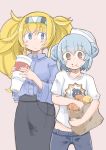  2girls bag black_skirt blonde_hair blue_eyes blue_hair brown_eyes collared_shirt commentary cup disposable_cup dixie_cup_hat double_bun eating enjaku_izuku food food_in_mouth food_on_face gambier_bay_(kantai_collection) hairband hat highres kantai_collection long_hair midriff military_hat multiple_girls paper_bag samuel_b._roberts_(kantai_collection) serious_sam shirt skirt smile t-shirt twintails 