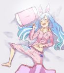  1girl alternate_costume alternate_hairstyle animal_ear_fluff animal_ears barefoot blanket blue_hair breasts bunny_ears closed_eyes collarbone drooling eyebrows_visible_through_hair hair_down hololive long_hair lying midriff moritatsu multicolored_hair navel on_back open_mouth pajamas pillow pink_pajamas saliva scratching_stomach sleeping small_breasts solo streaked_hair thick_eyebrows two-tone_hair usada_pekora virtual_youtuber white_hair 