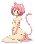  1girl animal_ear_fluff animal_ears ass bangs bare_shoulders barefoot bikini breasts butt_crack cat_ears cat_tail commentary eyebrows_visible_through_hair eyepatch_bikini from_behind kemonomimi_mode looking_at_viewer looking_back mel_(melty_pot) nonohara_yuzuko orange_bikini parted_lips pink_eyes pink_hair shadow short_hair simple_background sitting small_breasts solo swimsuit tail thong_bikini white_background yuyushiki 