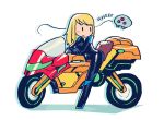  1girl adapted_object biker_clothes bikesuit blonde_hair blush_stickers ground_vehicle long_hair metroid metroid_(creature) motor_vehicle motorcycle on_motorcycle rariatto_(ganguri) samus_aran simple_background solid_oval_eyes white_background 