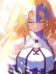 1girl bare_shoulders blonde_hair braid breasts chain closed_eyes collarbone commentary_request dress fate/apocrypha fate/grand_order fate_(series) frown fur_trim headpiece highres jeanne_d&#039;arc_(fate) jeanne_d&#039;arc_(fate)_(all) long_hair mikan_(chipstar182) white_dress 