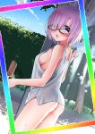  1girl :o ass bangs blush breasts commentary_request dousunnen eyebrows_visible_through_hair fate/grand_order fate_(series) food hair_over_one_eye highres holding ice_cream large_breasts looking_at_viewer mash_kyrielight naked_shirt open_mouth purple_eyes purple_hair shirt short_hair sideboob solo white_shirt 