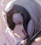  1girl blood droplet face fate/grand_order fate_(series) headdress highres injury jeanne_d&#039;arc_(alter)_(fate) jeanne_d&#039;arc_(fate)_(all) serious short_hair solo wet white_hair yellow_eyes zonotaida 