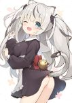  1girl ;d animal_ears apron ass bangs bell black_bow black_dress black_ribbon blue_eyes blush bow breasts cat_ears cat_girl cat_tail commentary_request copyright_request dress eyebrows_visible_through_hair fang frilled_apron frills gedou_(shigure_seishin) grey_hair hair_bow hair_ornament hairclip hands_up jingle_bell long_hair long_sleeves looking_at_viewer looking_to_the_side medium_breasts multicolored_hair no_panties one_eye_closed open_mouth puffy_long_sleeves puffy_sleeves red_bow ribbon silver_hair sleeves_past_wrists smile solo streaked_hair tail tail_raised tail_ribbon twintails very_long_hair virtual_youtuber white_apron 