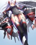  1girl antenna_hair artist_name ass_visible_through_thighs azur_lane bangs black_choker black_gloves black_legwear blush breasts choker closed_mouth commentary_request covered_navel cowboy_shot cross cross_earrings dobunezumi earrings eyebrows_visible_through_hair flag_print from_below gloves gradient gradient_background highres iron_cross jewelry long_hair long_sleeves looking_at_viewer looking_down machinery multicolored_hair pelvic_curtain prinz_eugen_(azur_lane) sideboob silver_hair smile solo standing streaked_hair swept_bangs thigh_gap thigh_strap thighhighs thighs turret two_side_up 