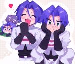  1boy 2ameyasan2 blue_hair blush closed_eyes gloves green_eyes heart highres kojirou_(pokemon) pokemon pokemon_(anime) purple_hair team_rocket weezing 