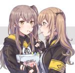  2girls bangs black_border black_gloves black_jacket black_neckwear border bow brown_eyes brown_hair closed_mouth commentary eyebrows_visible_through_hair feeding fingers food girls_frontline gloves hair_bow hair_tie holding holding_food hood hood_down hooded_jacket hoodie jacket long_hair long_sleeves looking_at_another mouth_hold multiple_girls neck_ribbon open_clothes open_jacket open_mouth paper pocky ribbon scar scar_across_eye shirt siblings side_ponytail sisters smile totonii_(totogoya) twintails ump45_(girls_frontline) ump9_(girls_frontline) white_shirt 