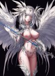  1girl absurdres angel angel_wings breasts grey_eyes hair_ornament highres hmo11796521 knight looking_at_viewer navel nipples original pussy revealing_clothes slit_pupils solo sword tattoo uncensored weapon white_hair wings 