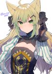  1girl atalanta_(fate) black_bow black_gloves blonde_hair blush bow breasts cleavage_cutout closed_mouth fate/apocrypha fate_(series) gloves gradient_hair green_eyes green_hair hair_bow hair_ornament hairclip hand_up ikeuchi_tanuma juliet_sleeves long_sleeves motion_lines multicolored_hair puffy_sleeves simple_background small_breasts solo twitter_username upper_body white_background 