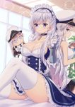  2girls absurdres azur_lane bare_shoulders belfast_(azur_lane) black_skirt blue_dress braid breasts chain character_doll choker cleavage collarbone covered_nipples dress enterprise_(azur_lane) frilled_dress frills gloves gold_trim hat highres knee_up large_breasts long_hair looking_at_viewer maid maid_headdress multiple_girls panties peaked_cap pleated_skirt purple_eyes shirt silver_hair sitting skirt sleeveless sleeveless_shirt smile string takeg05 thighhighs thighs underwear vambraces white_gloves white_headwear white_legwear white_panties white_shirt window 