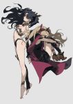  2girls absurdres barefoot black_hair black_ribbon blonde_hair breasts cape earrings ereshkigal_(fate/grand_order) fate/grand_order fate_(series) hair_over_one_eye hair_ribbon high_heels highres hoop_earrings ishtar_(fate)_(all) ishtar_(fate/grand_order) jewelry knees_to_chest long_hair looking_at_viewer medium_breasts multiple_girls navel red-eyes_macadamiachoco red_cape red_ribbon ribbon single_thighhigh stirrup_legwear thighhighs thighs toeless_legwear twintails white_background yellow_eyes zhibuji_loom 