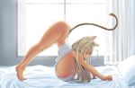  1girl absurdres animal_ears areola_slip areolae barefoot bed blonde_hair bottomless breasts cat_ears cat_tail closed_eyes commentary curtains highres huge_breasts kaedeno_yuu original pillow solo stretch tail translation_request window 