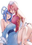  2girls ;) ;p bangs bare_shoulders blue_dress blue_eyes blue_hair blue_sash blush borushichi breasts bun_cover cleavage commentary_request double_bun dress feet_out_of_frame flower from_side hair_between_eyes hair_ornament hair_rings hair_stick head_tilt highres ibaraki_kasen kaku_seiga kneeling large_breasts long_hair looking_at_another multiple_girls off-shoulder_dress off_shoulder one_eye_closed pink_flower pink_hair pink_rose profile rose sash simple_background sitting sleeveless smile suggestive_fluid thighs tongue tongue_out touhou white_background yuri 
