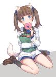  1girl animal_ears bag bangs black_legwear blue_bow blue_eyes blue_shirt blunt_bangs bow brave_witches brown_footwear brown_hair commentary dog_ears dog_tail doughnut dress_shirt eating eyebrows_visible_through_hair food food_in_mouth georgette_lemare grey_background hair_bow holding holding_food loafers long_sleeves looking_at_viewer military military_uniform paper_bag shirt shoes sitting socks solo tail totonii_(totogoya) twintails uniform wariza white_background world_witches_series 