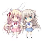  2girls animal_ear_fluff animal_ears black_bow black_footwear blonde_hair blue_bow blue_eyes blue_sailor_collar blue_skirt bow braid bunny_ears bunny_girl bunny_tail chibi commentary_request grey_hair hair_bow hands_together kneehighs korie_riko long_hair midriff_peek multiple_girls navel one_side_up original pink_sailor_collar pink_skirt pleated_skirt red_bow red_eyes red_footwear sailor_collar school_uniform serafuku shirt shoes short_sleeves simple_background skirt standing standing_on_one_leg striped striped_bow tail twin_braids very_long_hair white_background white_legwear white_shirt 