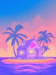  artist_name beach blue_sky cloud cloudy_sky commentary dragon_ball dragon_ball_(classic) dragon_ball_super dragon_ball_z english_commentary english_text gradient gradient_sky highres house island jpeg_artifacts no_humans outdoors palm_tree pink_theme rock sand scenery shadow sky sunset surudenise tree twitter_username water window yellow_sky 