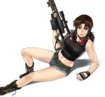  1girl ai_arctic_warfare ai_aw-50 anti-materiel_rifle arm_support azasuke belt black_lagoon bolt_action boots breasts brown_eyes brown_hair crop_top ear_protection fingerless_gloves gloves green_footwear gun large_breasts micro_shorts midriff navel revy_(black_lagoon) rifle scope shorts smile sniper_rifle solo tank_top tattoo torn_clothes torn_shorts weapon 
