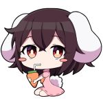  1girl animal_ears black_hair blush_stickers bright_pupils bunny_ears bunny_tail carrot carrot_necklace chibi commentary_request dress drinking_straw expressionless hair_between_eyes inaba_tewi looking_at_viewer pink_dress puffy_short_sleeves puffy_sleeves red_eyes short_hair short_sleeves simple_background sitting solo tail touhou tsukimirin wariza white_background white_pupils 