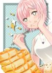  +_+ 1girl :i bangs breasts butter closed_mouth eating eyebrows_visible_through_hair flower flower_necklace food food_on_face fork green_eyes hair_between_eyes hair_ornament hairclip hand_on_own_cheek highres holding holding_fork jewelry looking_away medium_breasts necklace nijisanji pancake pink_hair polka_dot polka_dot_background purple_flower shirt short_hair short_sleeves solo sparkle stack_of_pancakes syrup tsumetsume_zerii upper_body virtual_youtuber white_shirt x_hair_ornament yuuhi_riri 
