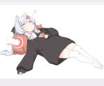  animal_ear_fluff animal_ears blush boned_meat brown_sweater cat_ears closed_eyes eyebrows_visible_through_hair food full_body grey_hair hair_ornament hairclip long_sleeves lying meat nekoume on_back original oversized_clothes parted_lips pillow sleeping sleeves_past_wrists stuffed_toy sweater thighhighs twintails white_legwear 