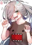  1girl 51_(akiduki) ahoge alternate_costume asashimo_(kantai_collection) bangs blush brown_shirt character_name claw_pose commentary_request dated domo-kun eyebrows_visible_through_hair grey_hair hair_over_one_eye highres kantai_collection long_hair nippon_housou_kyoukai open_mouth ponytail sharp_teeth shirt shitty_t-shirt_naval_base short_sleeves simple_background solo teeth twitter_username white_background yellow_eyes 