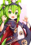  1girl :d ame. animal_ear_fluff animal_ears azur_lane bangs bell black_dress black_hairband claw_pose commentary_request dress eyebrows_visible_through_hair fang green_eyes green_hair hair_bell hair_between_eyes hair_ornament hairband hands_up highres isokaze_(azur_lane) jingle_bell long_hair long_sleeves on_head open_mouth short_eyebrows smile solo thick_eyebrows very_long_hair wide_sleeves x_x 
