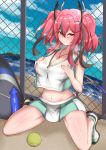  1girl absurdres azur_lane bad_id bad_pixiv_id ball bangs bare_legs beach blue_sky blush bottle breast_suppress breasts bremerton_(azur_lane) bremerton_(scorching-hot_training)_(azur_lane) chain-link_fence cleavage cloud collarbone commentary_request crop_top crop_top_overhang day eiico eyebrows_visible_through_hair fence full_body green_skirt grey_hair hair_between_eyes hair_intakes hair_ornament hairclip heart heart_necklace heavy_breathing highres horizon island kneeling large_breasts long_hair looking_at_viewer midriff mole mole_under_eye multicolored_hair navel ocean outdoors pink_eyes pink_hair racket sand shadow shirt shoes sidelocks skirt sky sleeveless sleeveless_shirt smile sneakers solo sportswear streaked_hair sweat tennis_ball tennis_racket tennis_uniform twintails two-tone_hair two-tone_skirt water_bottle white_shirt white_skirt 