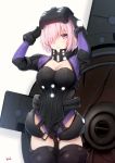  1girl bee_doushi black_gloves boots breasts cleavage collar fate/grand_order fate_(series) gloves hair_over_one_eye highres large_breasts mash_kyrielight metal_collar ortenaus pink_eyes pink_hair shield signature thigh_boots thighhighs 