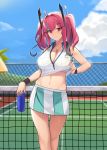  1girl absurdres azur_lane bangs bare_legs bare_shoulders blurry blurry_background blush bottle bra breasts bremerton_(azur_lane) bremerton_(scorching-hot_training)_(azur_lane) chain-link_fence cleavage cloud collarbone collared_shirt commentary cowboy_shot day eyebrows_visible_through_hair fence frip green_skirt grey_hair groin hair_between_eyes hair_intakes hair_ornament hairclip heart heart_necklace highres holding holding_bottle large_breasts long_hair looking_at_viewer midriff multicolored_hair navel no_mole nose_blush outdoors palm_tree pink_bra pink_eyes pink_hair shirt shirt_lift sidelocks skirt sky sleeveless sleeveless_shirt smile solo sportswear standing streaked_hair sweat tennis_court tennis_net tennis_uniform tree twintails two-tone_hair two-tone_skirt umbrella underwear water_bottle white_shirt white_skirt wristband 