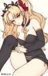  1girl absurdres adjusting_clothes adjusting_legwear artist_name bangs bare_shoulders black_legwear black_sleeves blonde_hair blush breasts cleavage detached_collar detached_sleeves earrings ereshkigal_(fate/grand_order) eyebrows_visible_through_hair fate/grand_order fate_(series) hair_ribbon head_tilt highres jewelry leg_up long_hair long_sleeves looking_at_viewer medium_breasts orange_eyes paid_reward parted_bangs parted_lips patreon_reward ribbon shellvi single_thighhigh solo spine strapless thighhighs thighs tiara two_side_up 