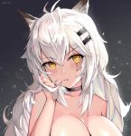  1girl animal_ears antenna_hair arknights bangs black_choker blush breasts choker commentary eyebrows_visible_through_hair grey_background hair_between_eyes hair_ornament hairclip hand_up head_tilt lappland_(arknights) large_breasts light_particles long_hair looking_at_viewer nude parted_lips silver_hair solo team_moka upper_body wolf_ears yellow_eyes 