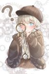  1girl ? alternate_costume aqua_eyes bangs belt blonde_hair brown_belt brown_headwear chin_stroking clock cropped_torso deerstalker detective eyebrows_visible_through_hair gears hat highres holding holding_magnifying_glass kantai_collection karin_bluez3 long_sleeves magnifying_glass neck_ribbon one_eye_closed ribbon short_hair solo z1_leberecht_maass_(kantai_collection) 