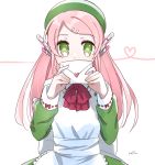  1girl apron bow bowtie eyebrows_visible_through_hair green_eyes green_headwear hair_ornament hairclip heart highres holding holding_letter letter long_hair long_sleeves looking_at_viewer momone_momo pink_hair red_bow red_neckwear robot_ears signature solfa_(gikosweety) solo upper_body utau white_apron 